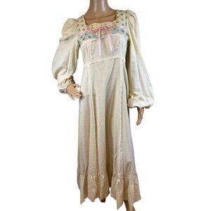 Vintage 1970s Prairie Boho Dress Size 11/12 Lace Patchwork Cottagecore Maxi